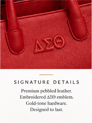 Signature Details: premium pebbled leather, ΔΣΘ emblem, gold-tone hardware, designed to last.