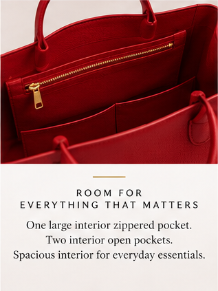 Interior of the Signature Red Tote showing one zippered pocket and two open pockets.